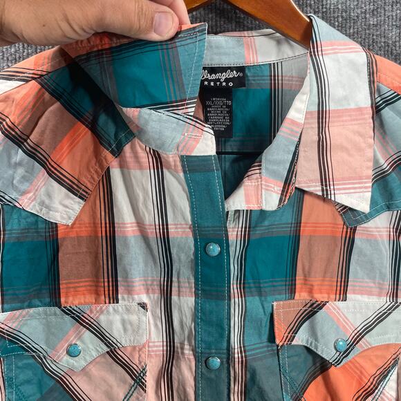 Wrangler Retro Pearl Snap Western Shirt Men's XXL Orange/Green Plaid Cowboy - Picture 6 of 12